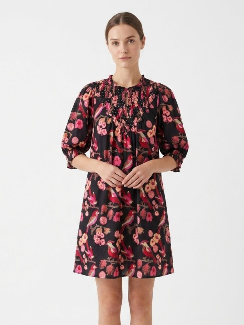 Olivia James Dress Bird Floral Mini Black Pink Smocked L
